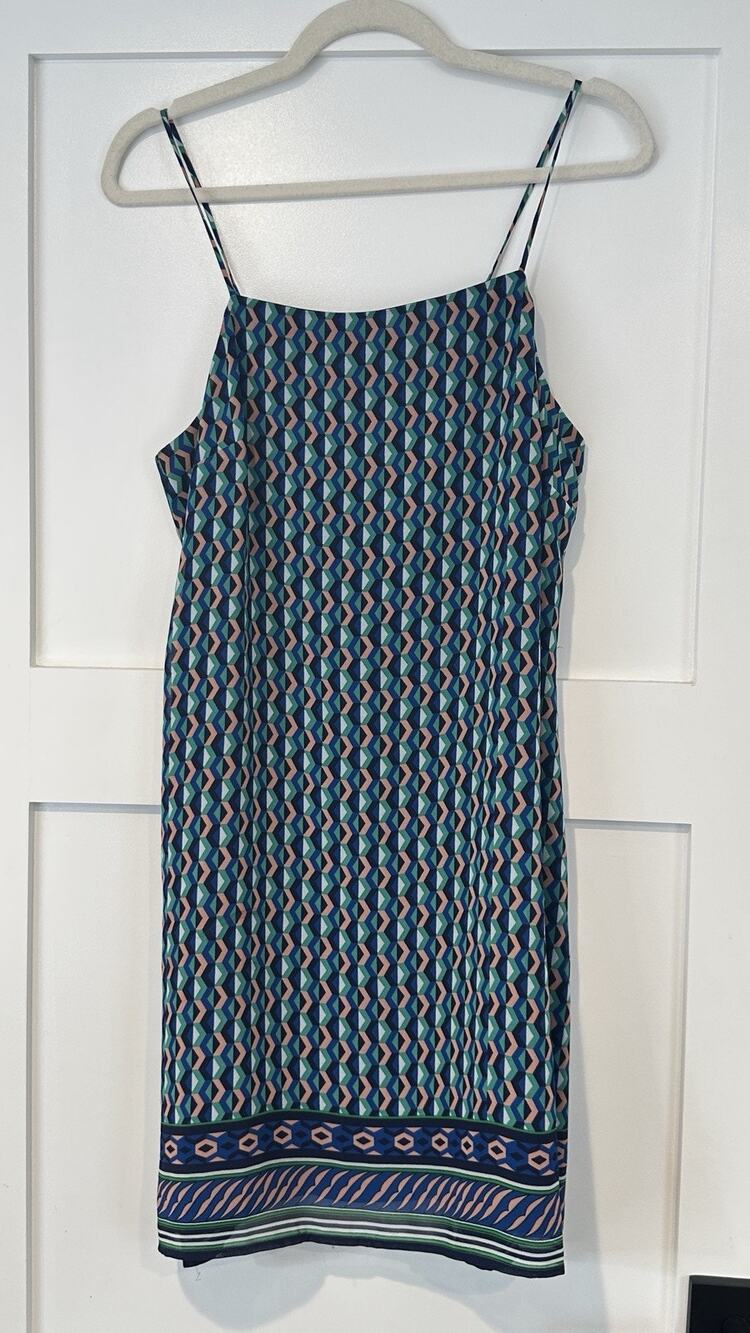 Anthropologie Maeve Sleeveless Blue Green Silk Geometric Tank Mini Dress Size M
